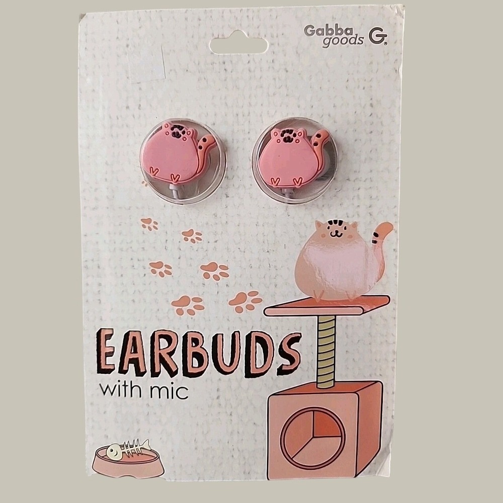 NEW Gabba Goods Silicone Earbuds Pink KITTY Cats with Microphone Cottagecore NIB